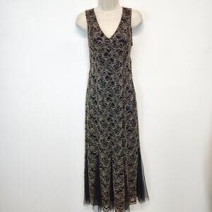 Candalite Lace Mermaid Maxi Dress Size S Black Gold Sleeveless V-neck Tulle Hem